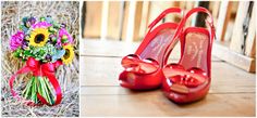 a red pair of shoes next to a bouquet of flowers