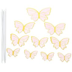 pink and yellow butterflies with sticks in front of white background, set of 12 pieces