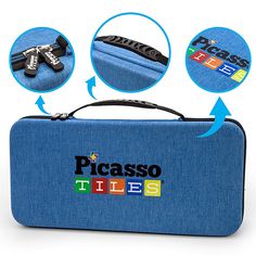 a piece of blue luggage with the words picasso times printed on it and various accessories