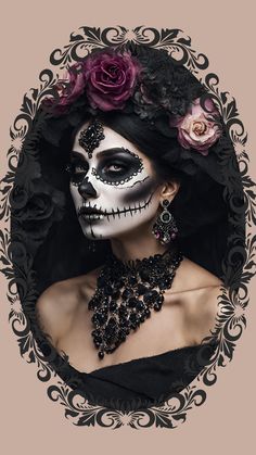 Skull Neck Makeup, Dead Of The Dead Makeup, Glam Skull Makeup Halloween, Catrinas Costume, Candy Skull Makeup, Halloween Styling, Catrina Makeup, Glam Skull