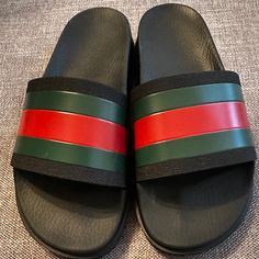 Men’s Size 8, Never Worn. Gucci Open Toe Leather Slides, Gucci Leather Open Toe Slides, Casual Gucci Open Toe Slides, Gucci Casual Open Toe Slides, Gucci Black Leather Slides, Black Leather Gucci Slides, Black Casual Gucci Slides, Casual Black Gucci Slides, Gucci Leather Slip-on Slides