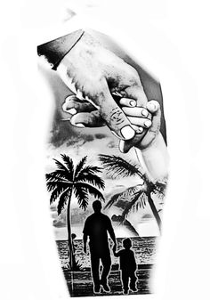 a black and white image of a man holding the hand of a child