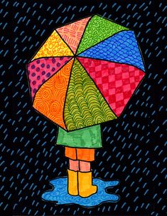 a drawing of a person standing in the rain with an umbrella over their head,