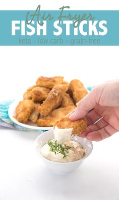 a person dipping something into a small bowl with fish sticks in it and the text overlay reads, let's freeze fish sticks keto low carb crab grain free