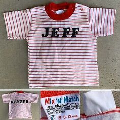 Vintage Mix N Match K-Mart Striped T-Shirt W/ Name On It 6-12 Mos Durene Cotton  | eBay Short Sleeve Tops With Name Print For Playtime, Retro Cotton T-shirt With Name Print, Retro Cotton Tops With Name Print, White Tops With Name Print For Playtime, Retro White Tops For Playtime, Fitted White T-shirt For Playtime, Vintage Cotton Tops For Playtime, Vintage Kids Fashion, Kid Clothes