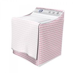 a pink and white checkered cloth covered laundry hamper sitting on top of a washing machine