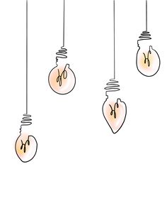 three light bulbs hanging from the ceiling with scissors in them and one bulb is broken