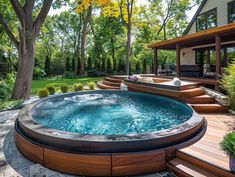 an outdoor hot tub in the middle of a yard with steps leading up to it