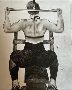 a pencil drawing of a man sitting on a chair with a bar in his back