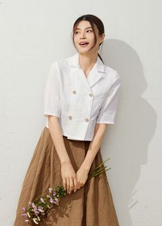 White Lapel Collar Top For Summer, White Summer Top With Lapel Collar, Summer Office Shirt With Lapel Collar, White Blouse With Lapel Collar For Summer, White Summer Blouse With Lapel Collar, White Lapel Collar Blouse For Summer, White Collared Shirt With Buttons, Summer Blouse With Lapel Collar In Solid Color, Casual Linen Blouse For Office