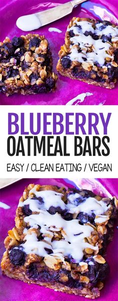 blueberry oatmeal bars on a purple plate