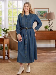 For effortless style, a jean dress made of soft cotton denim belongs in everyone's wardrobe. This midi dress is designed to flatter with a full-button front, a pretty pintucked bodice, 3/4 sleeves, a banded collar, banded button cuffs, and a straight hem. Pintucked bodice Full-button front 3/4 sleeves Banded collar Banded button cuffs Straight hem Approx. 48" long 100% cotton Machine wash and dry Imported Exclusive to The Vermont Country Store | Pintuck Cotton Denim Dress - Blue - 2X-Large - The Casual Denim Dress, Vermont Country Store, Jean Dress, Country Store, Band Collar, Pin Tucks, Comfy Fits, Jumper Dress, Dress Blue