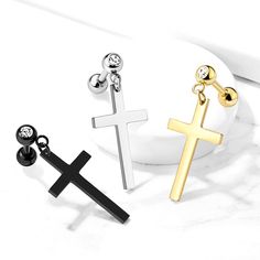 Cross Dangle Crystal Set 316L Cartilage, Tragus Barbell Stud Piercing Area: Ear Cartilage - Lobe, Helix, Daith, Rook, Conch, Tragus, Snug, earrings Bar Size: 16GA (1.2mm) Bar Length: 1/4" (6 mm) Ball Size: 4 mm Material: 316L Surgical Steel / Brass Plating: Rhodium / 14KT Gold Plated Stone Material: CZ Sold by: 1 Piece