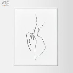 a black and white line drawing of two people kissing in front of a white background