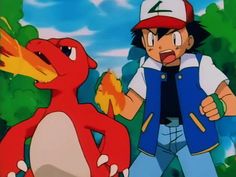 the pokemons are talking to each other in front of a fire hydrant and trees