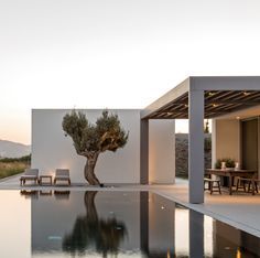 an outdoor swimming pool next to a large white building with a tree in the middle