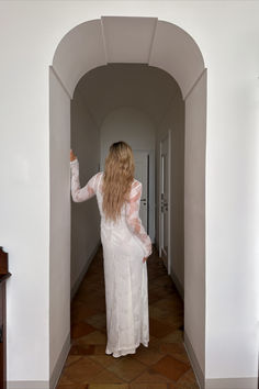 Sheer Maxi Dress Long Sleeve Maxi Dress With Sheer Sleeves For Wedding, Maxi Dress With Sheer Long Sleeves For Wedding, Wedding Maxi Dress With Sheer Long Sleeves, White Fitted Lace Dress With Sheer Sleeves, White Fitted Full Length Maxi Dress, White Fitted Long Sleeve Lace Dress, White Maxi Dress With Lace Sleeves For Party, Fitted Lace Long Maxi Dress, Fitted Long Lace Maxi Dress