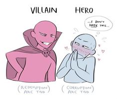 two cartoon characters one with an alien and the other saying, villain hero i don't hate twins