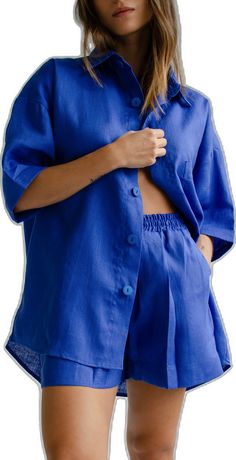 Casual Blue Linen Set, Blue Linen Shirt For Daywear, Fitted Blue Linen Set, Relaxed Blue Linen Tops, Blue Linen Button-up Tops, Dancer Shirt, Persian Blue, Linen Short, Linen Shirt