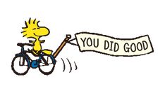 a cartoon character riding a bike with a banner on the back that says you did good