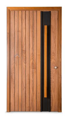 a wooden door with black metal handle and wood slats on the front side, isolated against a white background