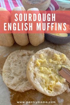 an english muffin with butter and eggs on it next to some other food items