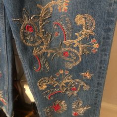 Beautiful Light Blue Embroidered Embroidered Jeans, Brand New Size Medium . Waist Measures 30 In Length 33 In. Culotte Style . Embroidered Blue Straight Leg Pants, Blue Embroidered Straight Leg Pants, Traditional Embroidered Blue Pants, Traditional Blue Embroidered Pants, Blue Bohemian Embroidered Pants, Bohemian Blue Embroidered Pants, Festive Embroidered Blue Pants, Festive Blue Embroidered Pants, Festive Bohemian Embroidered Bottoms