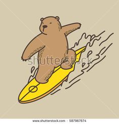 a brown bear riding on top of a yellow surfboard in the ocean with waves