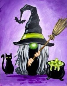 an acrylic painting of a witch with her black cat and green glowing eyes