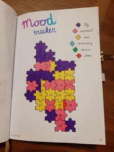 Bullet journal puzzle Puzzle Mood Tracker, Inside Out Bullet Journal, Mood Chart Bullet Journal, Self Care Bingo Bullet Journal, Mental Health Bullet Journal Ideas, Mood Tracker, Bullet Journal Themes