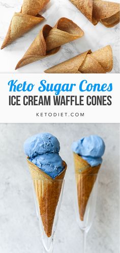 two ice cream waffle cones with blue icing in them