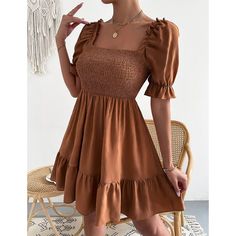 Brown Square Neck Short Sleeve Ruffle Mini Dresses Non-stretch Ruffled Dresses For Brunch, Non-stretch Ruffled Mini Dress For Day Out, Non-stretch Mini Dress With Ruffles And Short Sleeves, Fitted Brown Dresses With Ruffles, Square Neck Ruffle Dresses, Non-stretch Square Neck Dress With Ruffles, Fitted Brown Dress With Ruffle Hem, Brown Summer Dress With Ruffles, Brown Ruffled Summer Dress