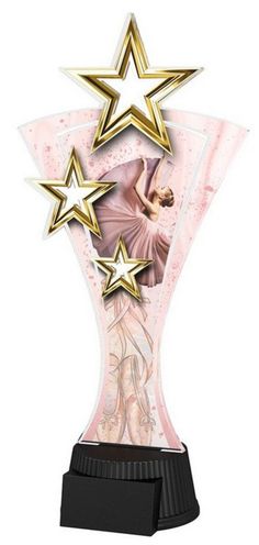 a glass trophy with three gold stars on the top and an image of a ballerina