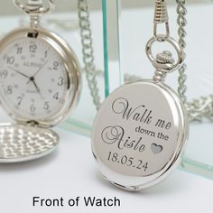 Personalise this Walk me down the aisle pocket watch with who is walking the bride down the aisle, the date of the wedding and the Bride's Name.  Sure to be a sentimental and emotional gift for whoever is walking you down the aisle on the big day! The watch is engraved on both the front and back to make this a thoughtful and touching gift for your loved family member or friend walking you down the aisle! Silver finish pocket watch with quartz movement and 14 inch chain.  Presented in an organza drawstring bag. Diameter 45mm.  We can be contacted via Etsy Message or e-mail  (our email address is shown in the Add your personalisation section) White Wedding Watch With Round Dial, Timeless Engraved Watches For Wedding, Timeless Engraved Wedding Watch, Silver Wedding Watch With Metal Dial, Silver Jewelry With Round Dial For Wedding, Silver Pocket Watch With Stopwatch As Gift, Personalized Silver Watches For Anniversary, Classic Wedding Watches With Metal Dial, Bride Down The Aisle