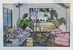 a drawing of a living room with couches, chairs and a potted plant