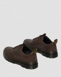 Reeder Crazy Horse Leather Utility Shoes in Dark Brown | Dr. Martens Dr Martens Outfits, Dr Martens Men Outfit, Woodstock Outfit, Swaggy Shoes, Streetwear Boots, Guy Clothing, Brown Doc Martens, Utility Shoes, Hiker Style