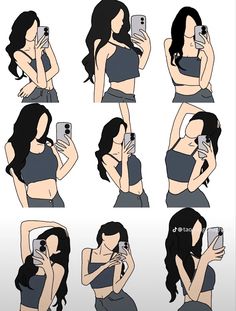 a woman taking a selfie with her cell phone in different positions and showing how to take pictures