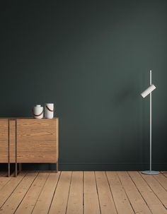 an empty room with two lamps and a wooden dresser in the foreground, against a dark green wall