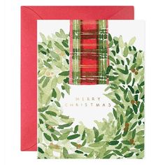 These beautiful cards are perfect to send out to loved ones this holiday season. Features a watercolor illustration printed on luxe paper with gold foil lettering that reads, "Merry Christmas."Set of 6 folded cardsBlank insidePaired with matching envelopesBy E. Frances Paper Set of 6 Wreath Boxes, Söt Katt, Letterpress Cards, Plaid Ribbon, Wreath Watercolor, Ribbon Wreath, Holiday Greeting Cards, Christmas Greeting, Christmas Settings