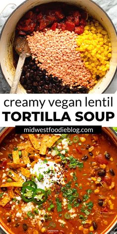 a bowl filled with tortilla soup and topped with corn, tomatoes, black beans, cilantro