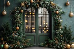 a green door with gold ornaments and greenery on the outside, surrounded by christmas decorations