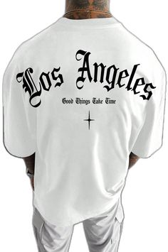 White Crew Neck T-shirt With Lettering, Oversized White T-shirt With Lettering, White T-shirt With Lettering For Streetwear, White Short Sleeve T-shirt With Lettering, White Lettering T-shirt For Streetwear, White Graphic Tee With Lettering, White Graphic Tee Shirt With Lettering, Good Things Take Time, Letter Prints