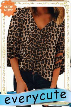 Leopard 3/4 Flared Sleeve Blouse Women Tops, Sleeve Blouse, Top Blouse, Blouses, Women's Top