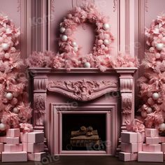 a pink fireplace decorated for christmas with presents