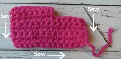 a crocheted pink mitt with the instructions to make it easier for knitting