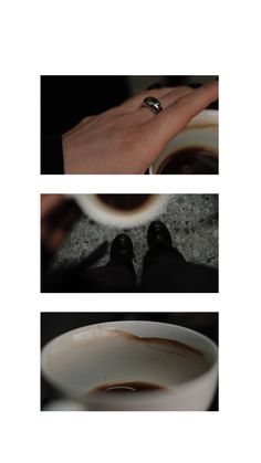 two pictures showing different stages of coffee being poured into a cup and saucer with one hand on top of the other