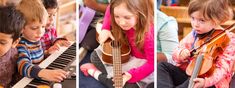 three pictures of children playing musical instruments