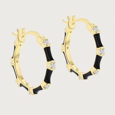 Sleek and stylish, these Taffy Enamel Bamboo Hoops With Zircons will be sure to turn heads. The creole hoop earrings feature studs of glittery zircons, inspired from bamboo shoots, with options of many subtle and bold colours. All made from 18k gold plated silver, these earrings offer a sophisticated yet cool vibe. Bamboo Shoots, Easy Style, Taffy, Night Wear, Crystal Set, Silver Crystal, Summer Accessories, Beautiful Gift Boxes, Gold Plated Silver