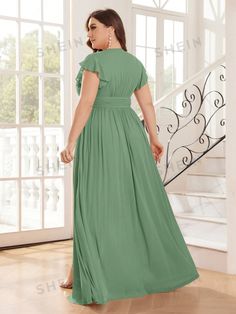 SHEIN USA Green Floor-length Ruched Dress, Solid Color Chiffon Empire Waist Dress, Solid Color Draped Dress With Ruched Details, Solid Color Ruched Draped Dress, Solid Color Draped Ruched Dresses, Ruched Draped Dress, Ruched Draped Maxi Dress For Bridesmaids, Draped Ruched Maxi Dress For Bridesmaids, Ruched Draped Bridesmaid Maxi Dress