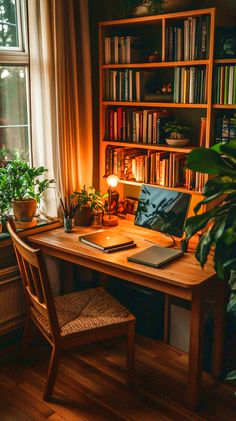 a laptop computer sitting on top of a wooden desk in front of a bookshelf